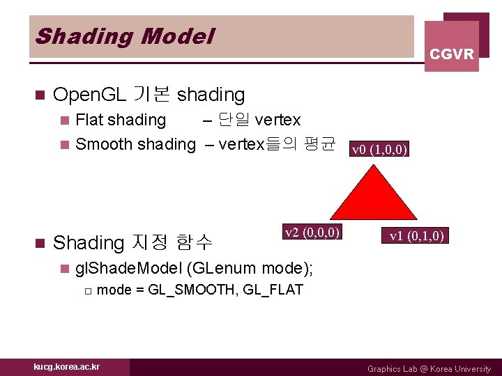 Shading Model n CGVR Open. GL 기본 shading Flat shading – 단일 vertex n