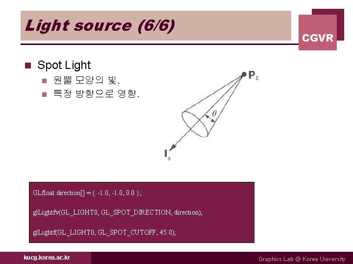 Light source (6/6) n CGVR Spot Light 원뿔 모양의 빛. n 특정 방향으로 영향.