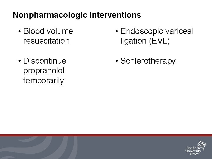 Nonpharmacologic Interventions • Blood volume resuscitation • Endoscopic variceal ligation (EVL) • Discontinue propranolol
