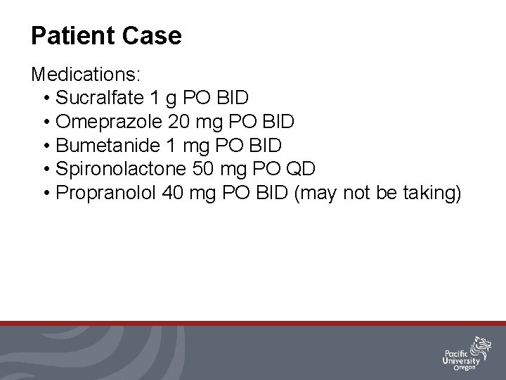 Patient Case Medications: • Sucralfate 1 g PO BID • Omeprazole 20 mg PO