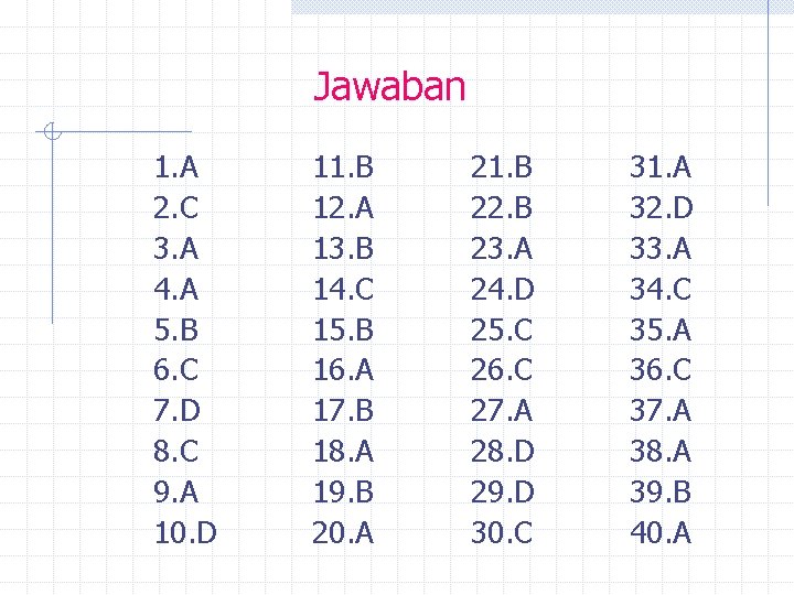 Jawaban 1. A 2. C 3. A 4. A 5. B 6. C 7.