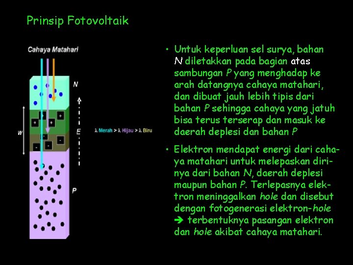 Prinsip Fotovoltaik • Untuk keperluan sel surya, bahan N diletakkan pada bagian atas sambungan