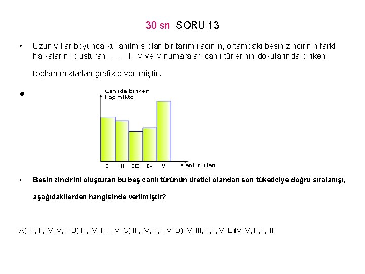 30 sn SORU 13 • Uzun yıllar boyunca kullanılmış olan bir tarım ilacının, ortamdaki