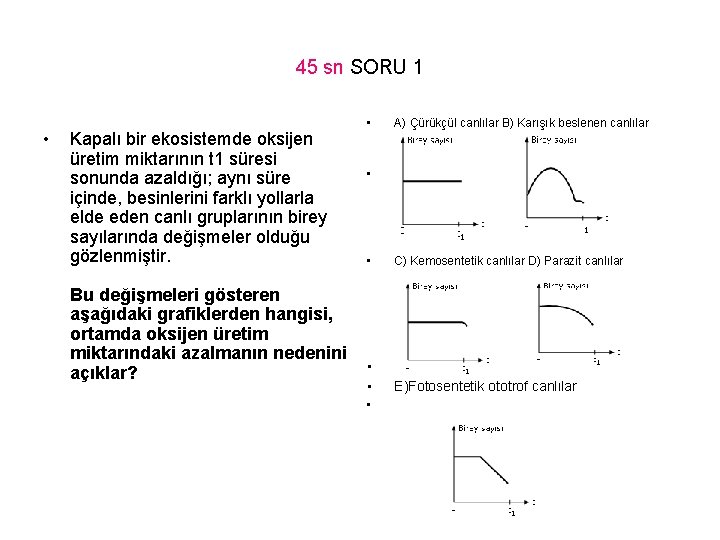 45 sn SORU 1 • Kapalı bir ekosistemde oksijen üretim miktarının t 1 süresi