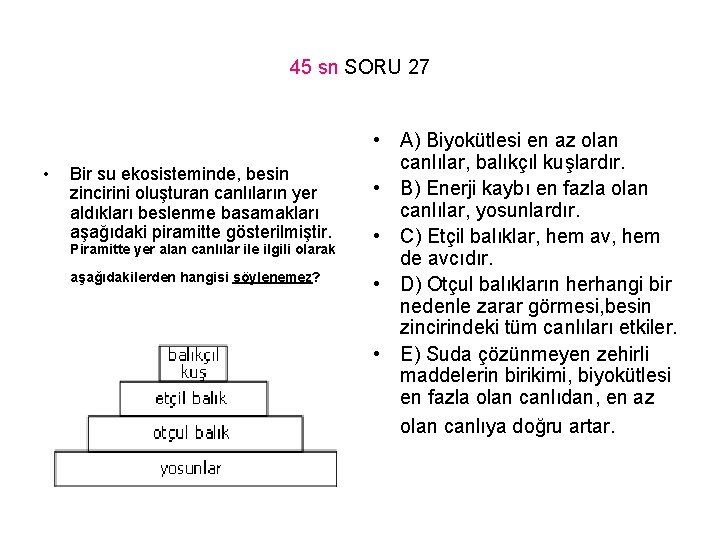 45 sn SORU 27 • Bir su ekosisteminde, besin zincirini oluşturan canlıların yer aldıkları