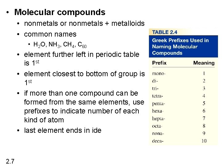  • Molecular compounds • nonmetals or nonmetals + metalloids • common names •