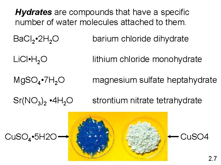 Hydrates are compounds that have a specific number of water molecules attached to them.