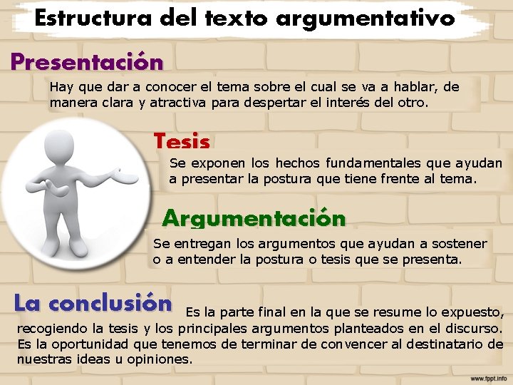 Estructura del texto argumentativo Presentación Hay que dar a conocer el tema sobre el