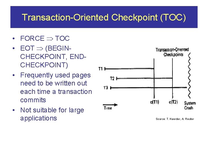 Transaction-Oriented Checkpoint (TOC) • FORCE TOC • EOT (BEGINCHECKPOINT, ENDCHECKPOINT) • Frequently used pages