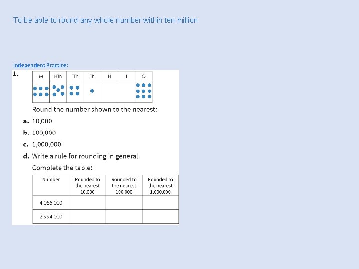To be able to round any whole number within ten million. Independent Practice: 