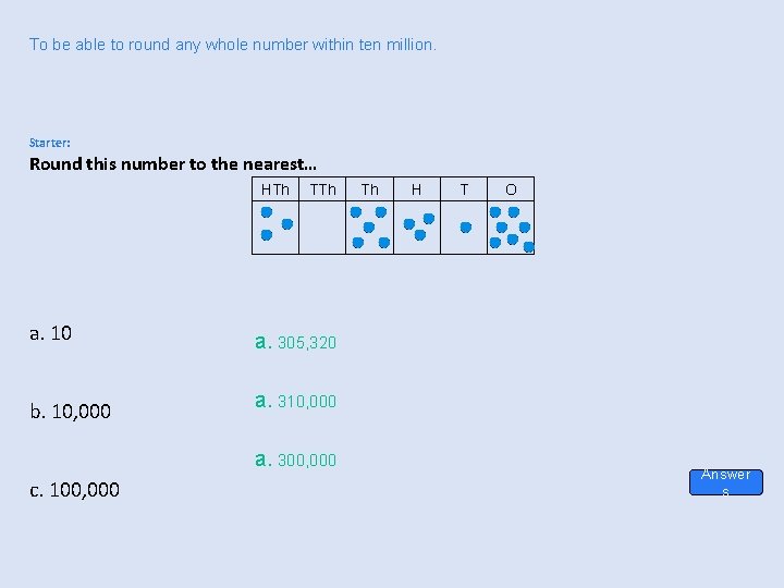 To be able to round any whole number within ten million. Starter: Round this