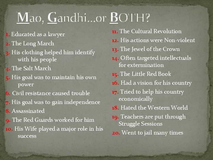 Mao, Gandhi…or BOTH? 1. Educated as a lawyer 2. The Long March 3. His