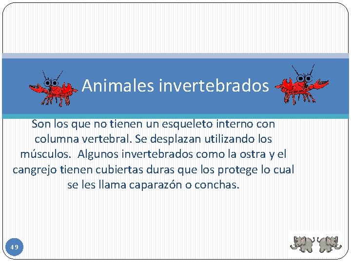 Animales invertebrados Son los que no tienen un esqueleto interno con columna vertebral. Se