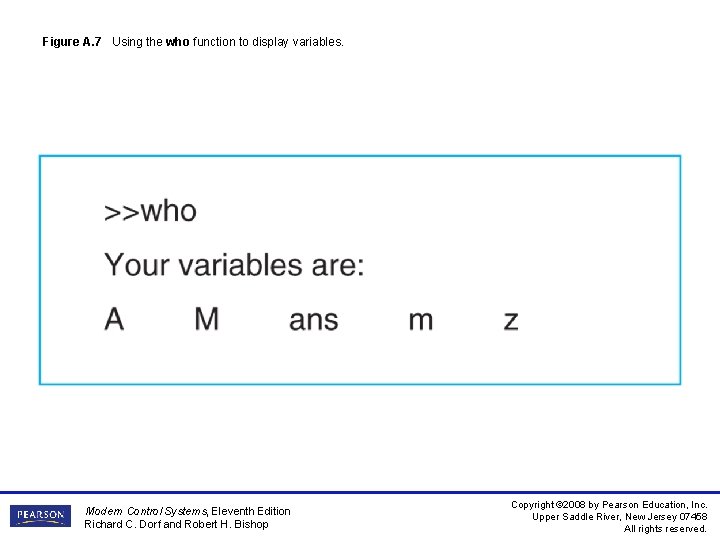 Figure A. 7 Using the who function to display variables. Modern Control Systems, Eleventh Figure A. 7 Using the who function to display variables. Modern Control Systems, Eleventh