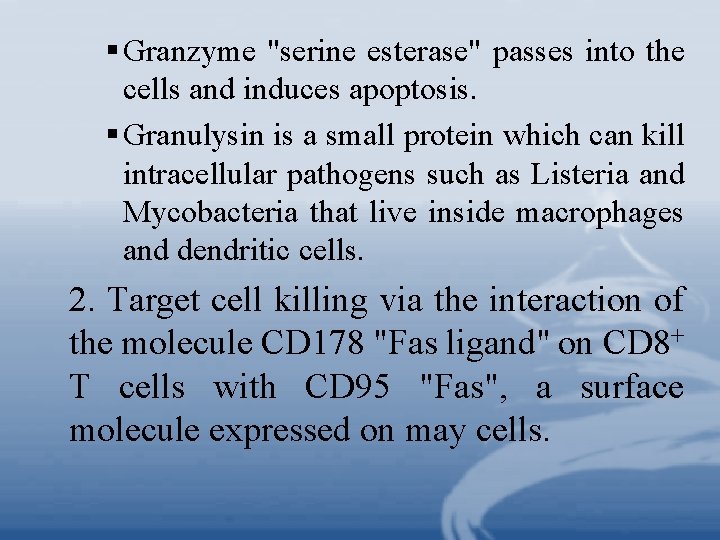 § Granzyme "serine esterase" passes into the cells and induces apoptosis. § Granulysin is