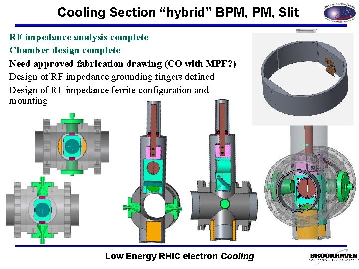 Cooling Section “hybrid” BPM, Slit RF impedance analysis complete Chamber design complete Need approved