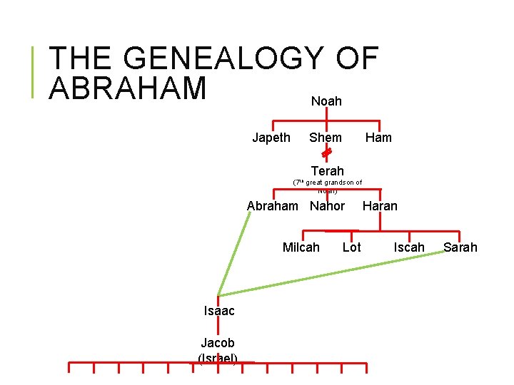 THE GENEALOGY OF ABRAHAM Noah Japeth Shem Ham Terah (7 th great grandson of