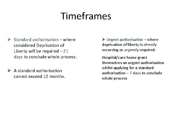 Timeframes Ø Standard authorisation – where considered Deprivation of Liberty will be required –
