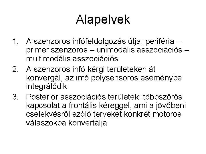 Alapelvek 1. A szenzoros infófeldolgozás útja: periféria – primer szenzoros – unimodális asszociációs –