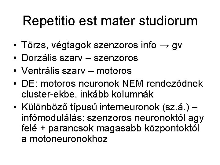 Repetitio est mater studiorum • • Törzs, végtagok szenzoros info → gv Dorzális szarv