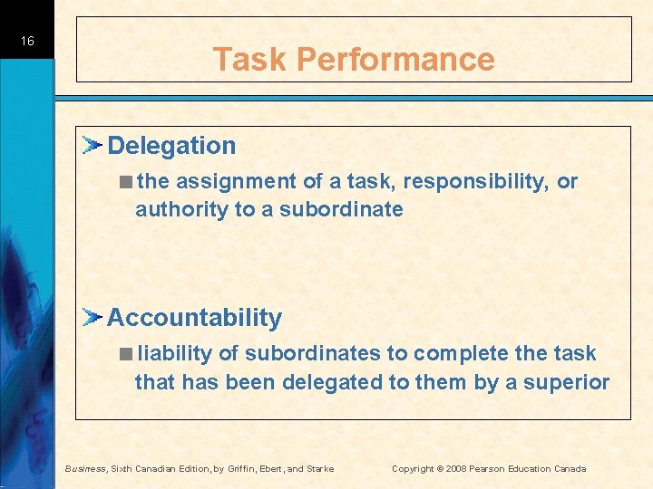 16 Task Performance Delegation <the assignment of a task, responsibility, or authority to a