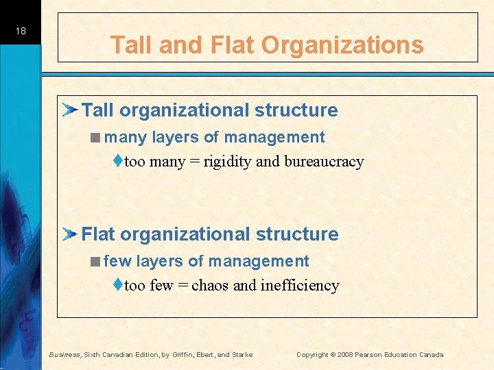 18 Tall and Flat Organizations Tall organizational structure <many layers of management ttoo many