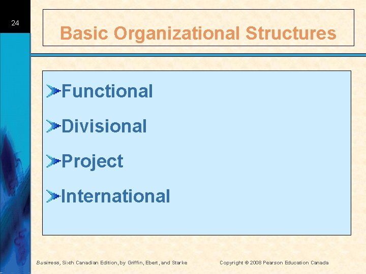 24 Basic Organizational Structures Functional Divisional Project International Business, Sixth Canadian Edition, by Griffin,