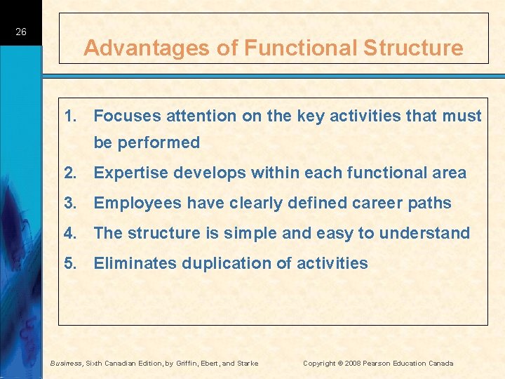 26 Advantages of Functional Structure 1. Focuses attention on the key activities that must