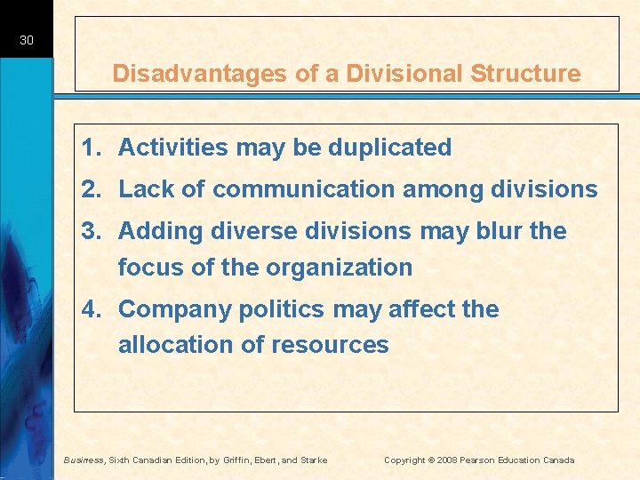 30 Disadvantages of a Divisional Structure 1. Activities may be duplicated 2. Lack of