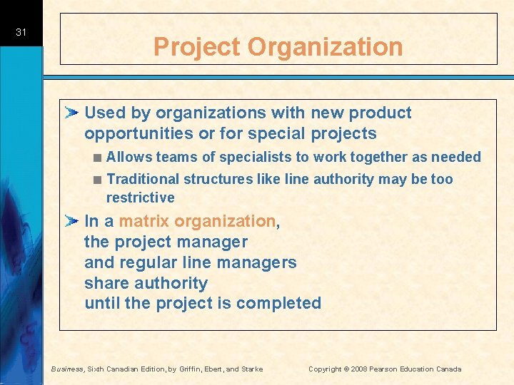 31 Project Organization Used by organizations with new product opportunities or for special projects