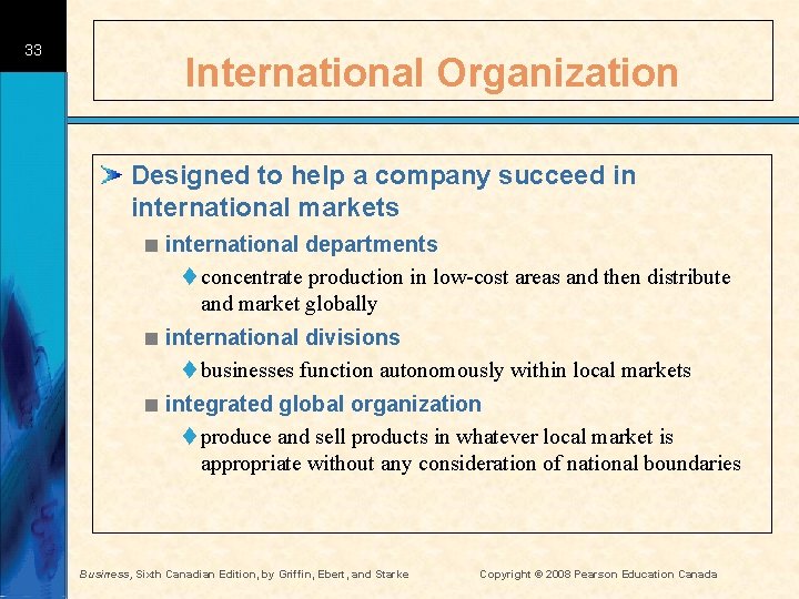 33 International Organization Designed to help a company succeed in international markets < international