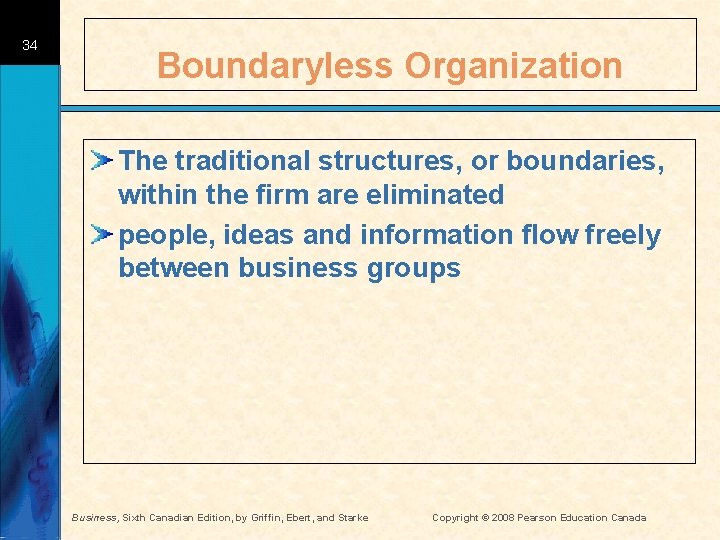 34 Boundaryless Organization The traditional structures, or boundaries, within the firm are eliminated people,