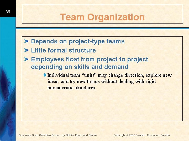35 Team Organization Depends on project-type teams Little formal structure Employees float from project
