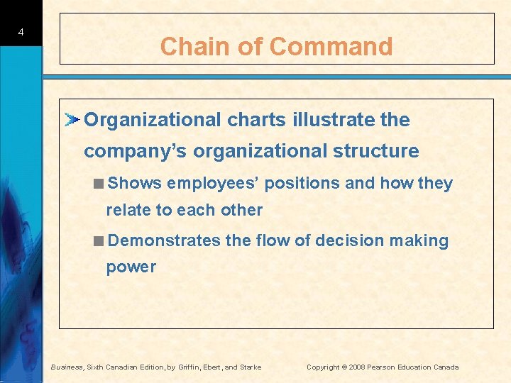 4 Chain of Command Organizational charts illustrate the company’s organizational structure <Shows employees’ positions