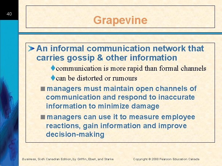 40 Grapevine An informal communication network that carries gossip & other information tcommunication is