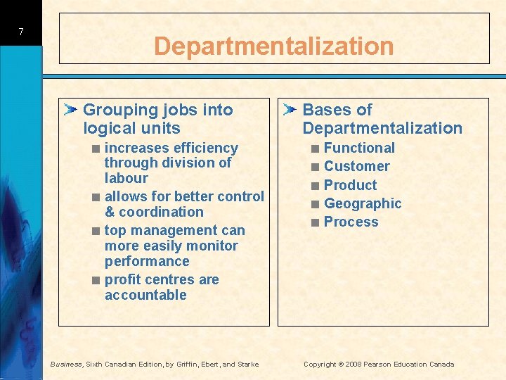 7 Departmentalization Grouping jobs into logical units < increases efficiency through division of labour