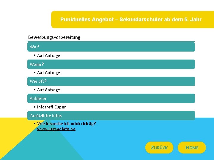 Punktuelles Angebot – Sekundarschüler ab dem 6. Jahr Bewerbungsvorbereitung Wo? • Auf Anfrage Wann?