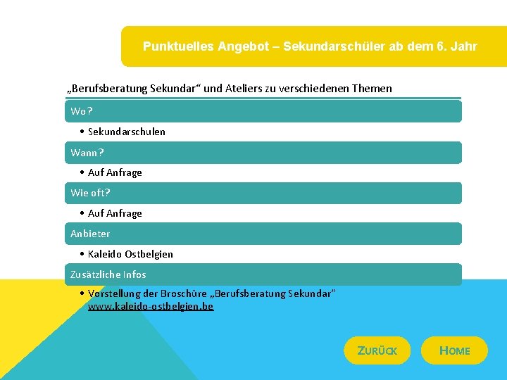 Punktuelles Angebot – Sekundarschüler ab dem 6. Jahr „Berufsberatung Sekundar“ und Ateliers zu verschiedenen