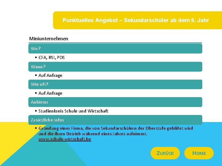 Punktuelles Angebot – Sekundarschüler ab dem 6. Jahr Miniunternehmen Wo? • CFA, RSI, PDS