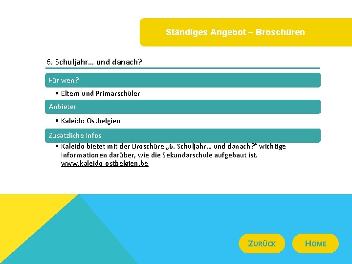 Ständiges Angebot – Broschüren 6. Schuljahr… und danach? Für wen? • Eltern und Primarschüler