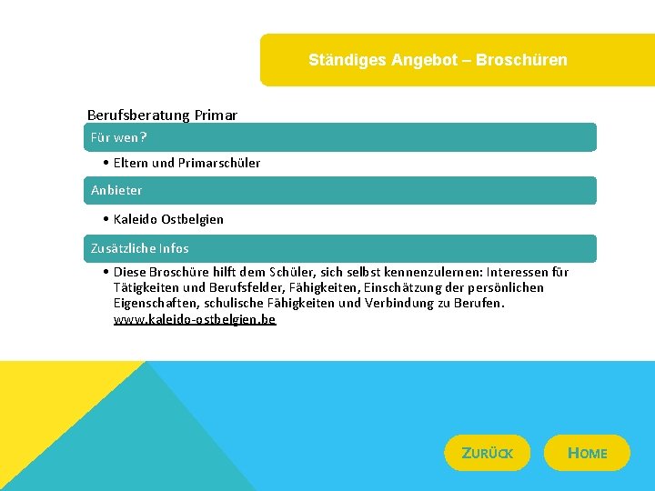 Ständiges Angebot – Broschüren Berufsberatung Primar Für wen? • Eltern und Primarschüler Anbieter •