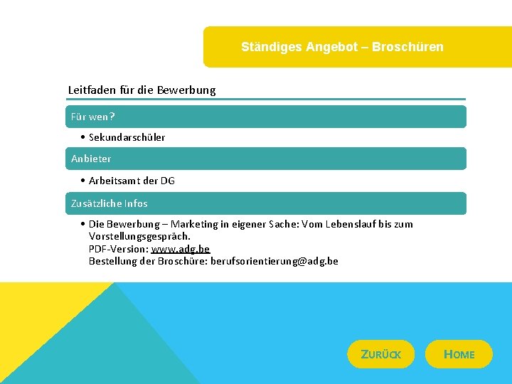Ständiges Angebot – Broschüren Leitfaden für die Bewerbung Für wen? • Sekundarschüler Anbieter •