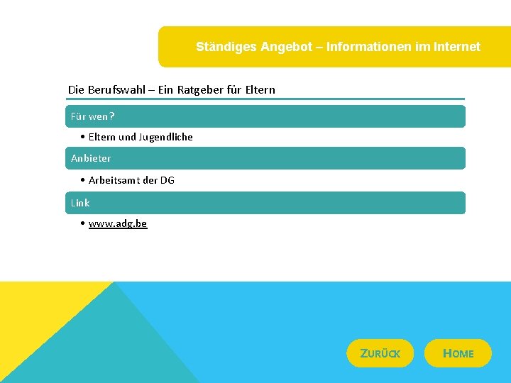 Ständiges Angebot – Informationen im Internet Die Berufswahl – Ein Ratgeber für Eltern Für