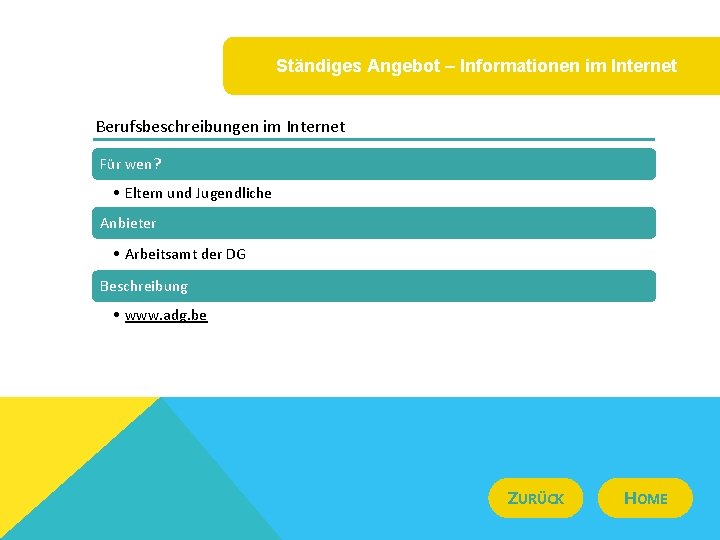 Ständiges Angebot – Informationen im Internet Berufsbeschreibungen im Internet Für wen? • Eltern und