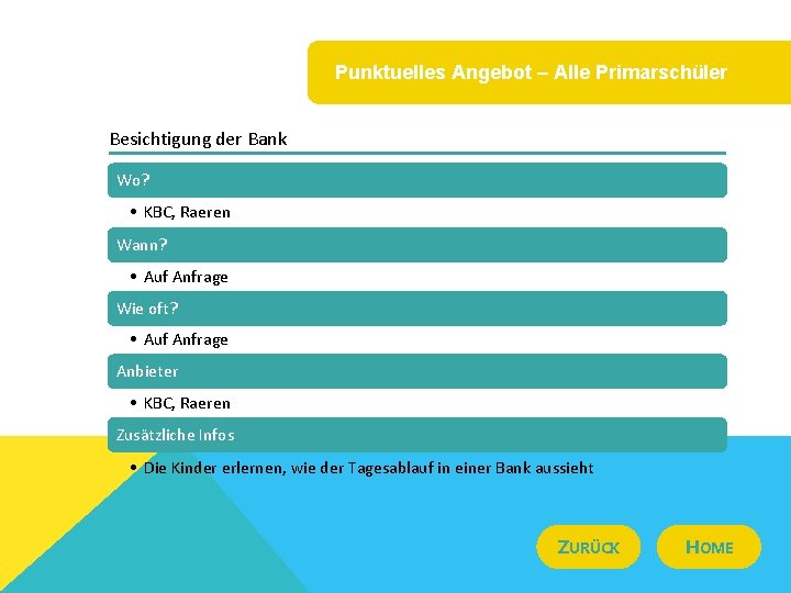 Punktuelles Angebot – Alle Primarschüler Besichtigung der Bank Wo? • KBC, Raeren Wann? •