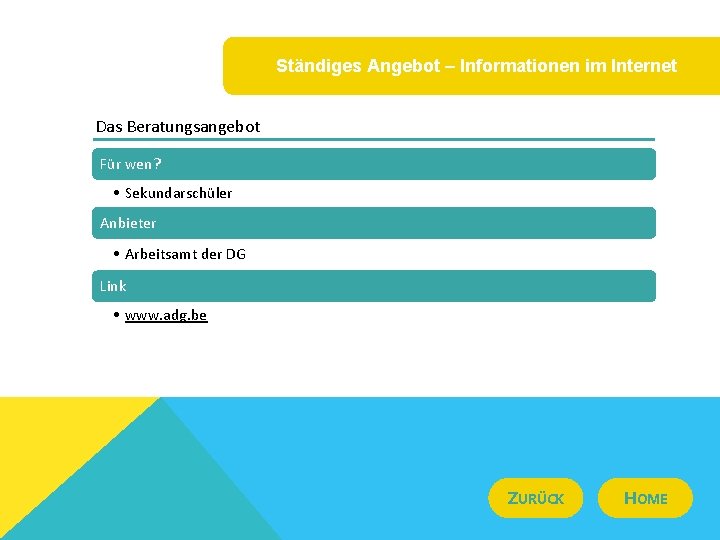 Ständiges Angebot – Informationen im Internet Das Beratungsangebot Für wen? • Sekundarschüler Anbieter •