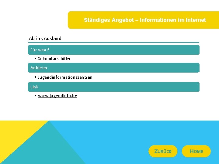 Ständiges Angebot – Informationen im Internet Ab ins Ausland Für wen? • Sekundarschüler Anbieter