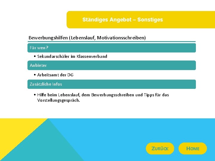 Ständiges Angebot – Sonstiges Bewerbungshilfen (Lebenslauf, Motivationsschreiben) Für wen? • Sekundarschüler im Klassenverbund Anbieter