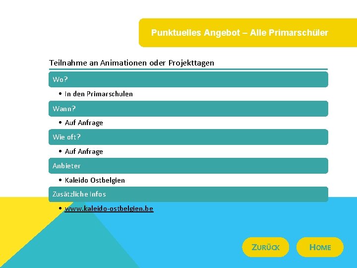 Punktuelles Angebot – Alle Primarschüler Teilnahme an Animationen oder Projekttagen Wo? • In den