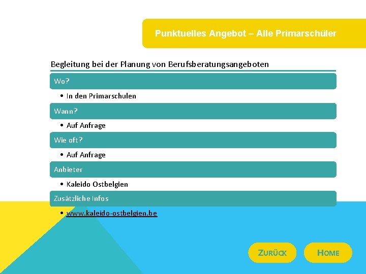 Punktuelles Angebot – Alle Primarschüler Begleitung bei der Planung von Berufsberatungsangeboten Wo? • In